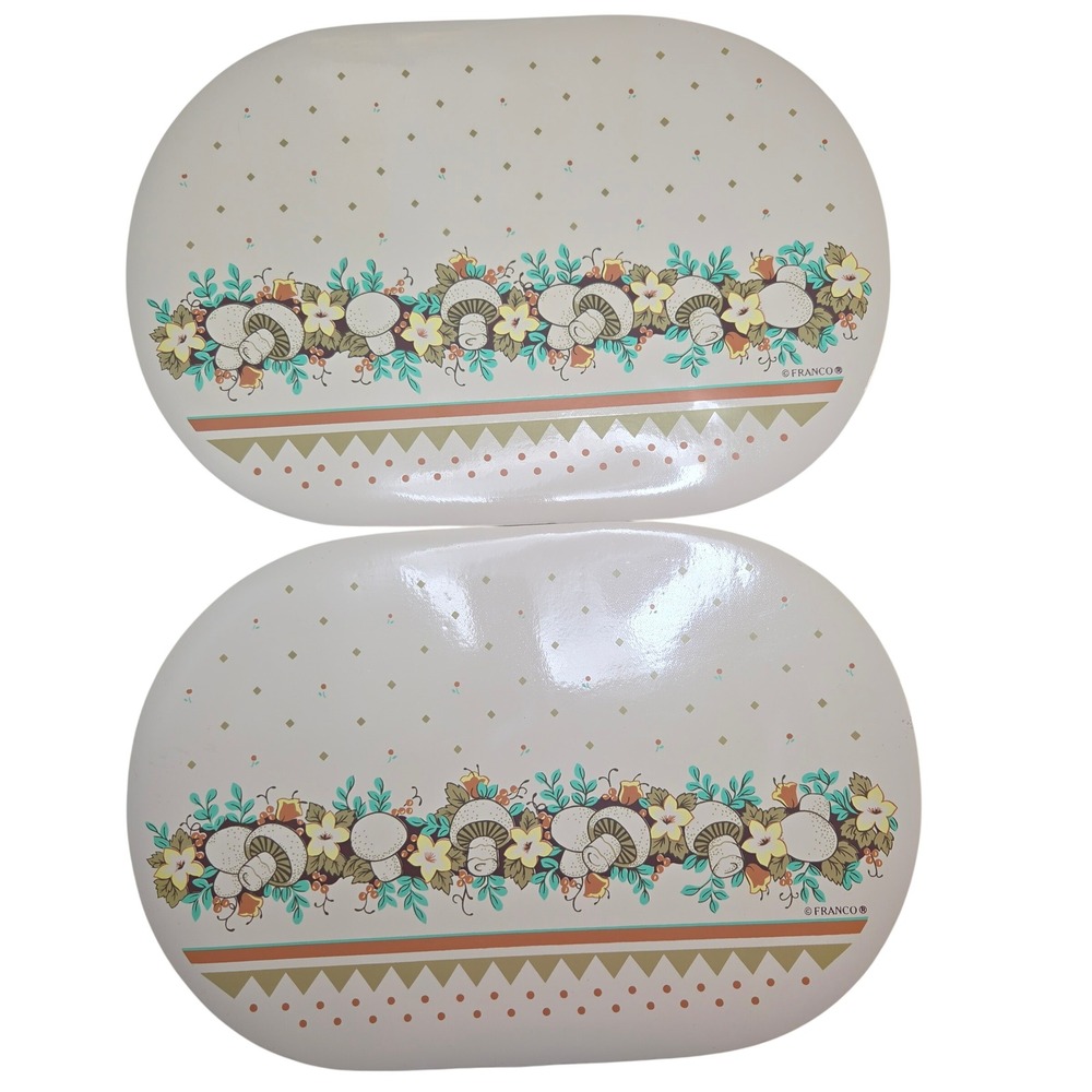 Vintage Franco Mushroom Placemats Set of 2 Retro 70s Floral Cream Oval Plastic